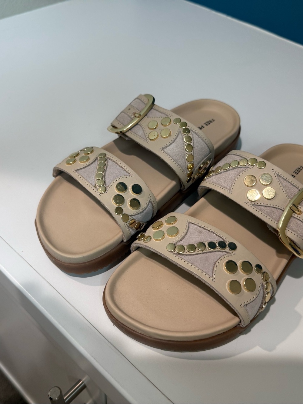 Like new FREE PEOPLE Studded Double Strap Sandals in Beige - Picture 2 of 6